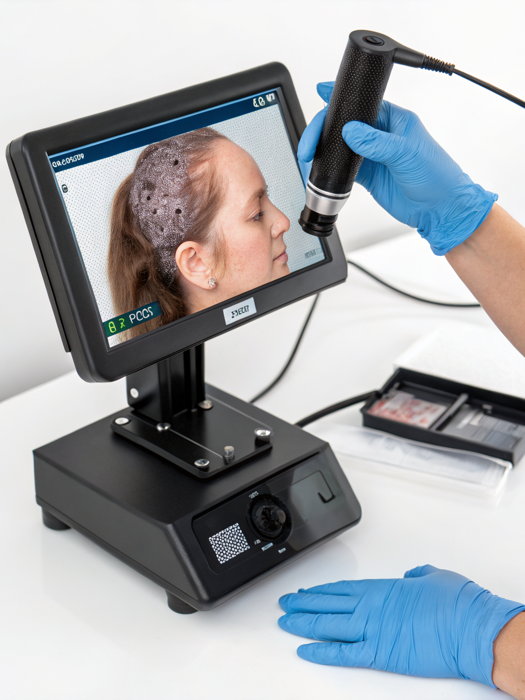 Especialista utilizando scanner capilar