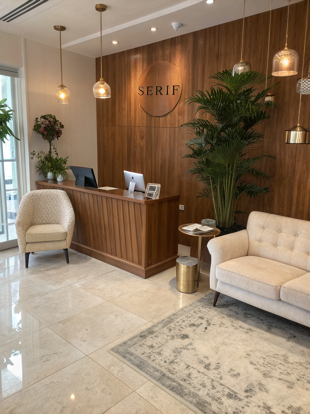 Área de espera com plantas e iluminação suave